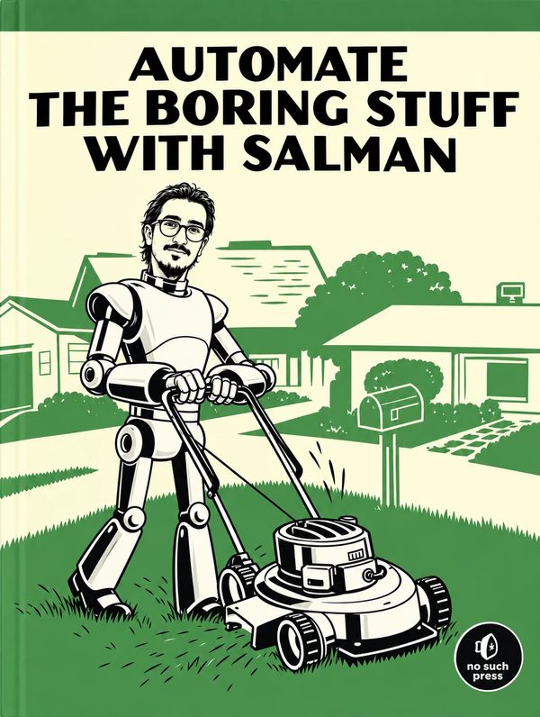 A mock paperback cover: Automate the Boring Stuff with Salman, with a robot pushing a lawnmower.