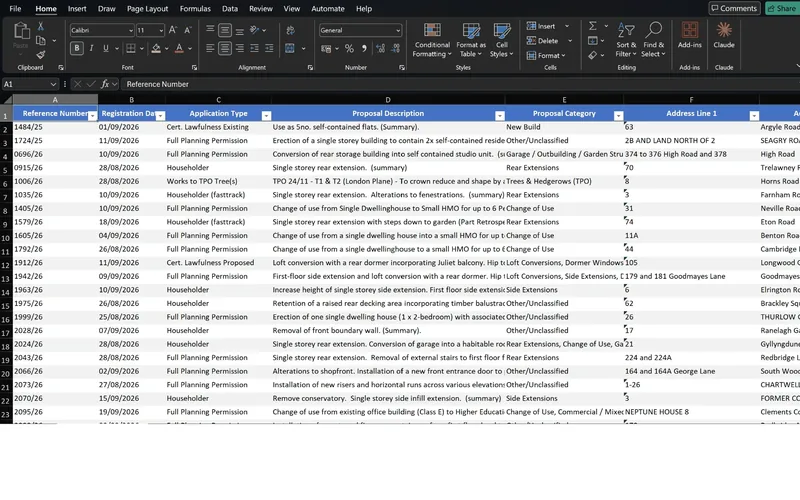 The exported spreadsheet: one row per application with split address fields, postcode and job type.