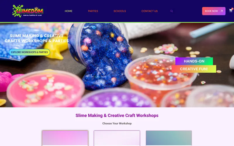 The old Slimedom home page: a navy header, a stock photo of slime tubs, a gradient banner and three pale workshop cards.