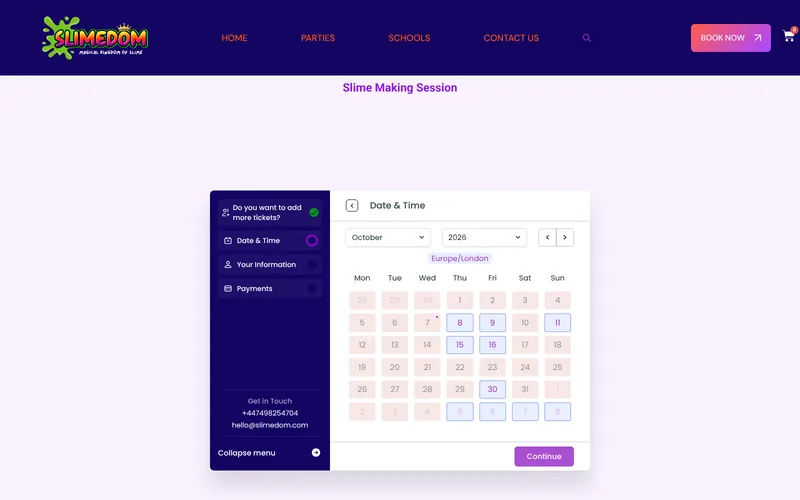 The old booking plugin: a small panel in the middle of an empty page, a sidebar of four steps and a grey calendar with month and year dropdowns.