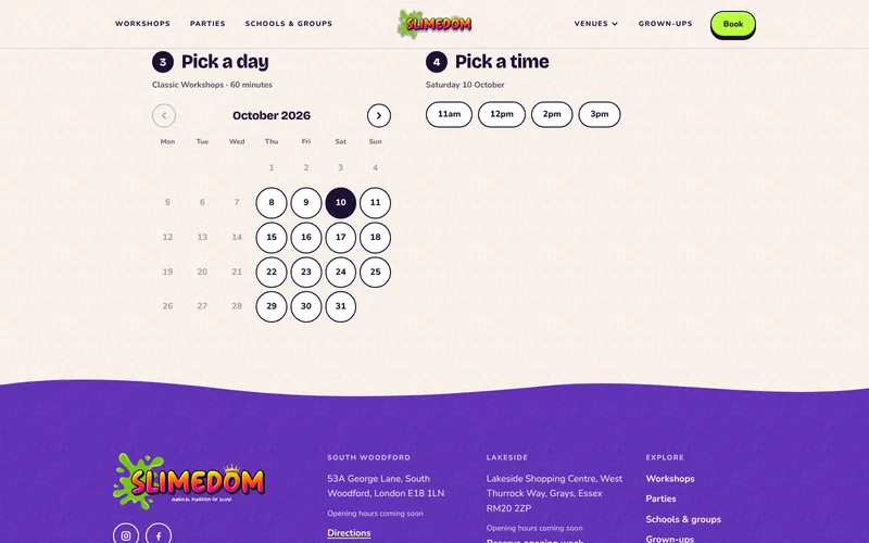 The new booking page: Pick a day, a calendar of round buttons with the free days outlined and Saturday 10 October chosen, and Pick a time beside it with four time chips.