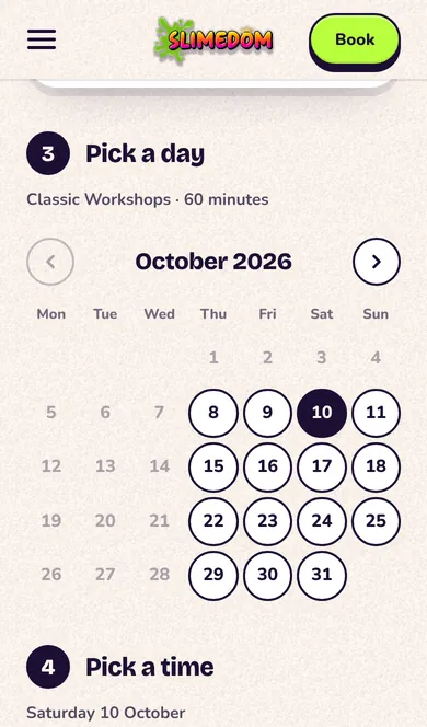 Booking on a phone: step 3, Pick a day, a month of round date buttons with the free days outlined and one chosen.
