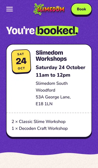 The thank-you page on a phone: You're booked, over a white ticket with a yellow date tab, the workshop, time, address and what was booked.